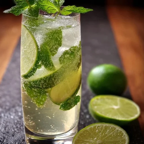 Mint Lime Sparkling Mocktail with fresh mint and lime slices