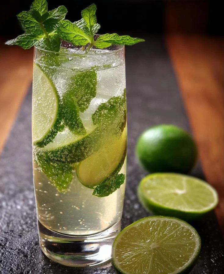 Mint Lime Sparkling Mocktail with fresh mint and lime slices