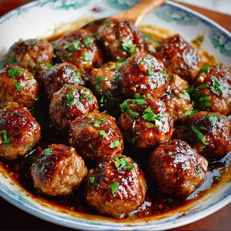 Plate of Mongolian meatballs served with sauce and garnishes.