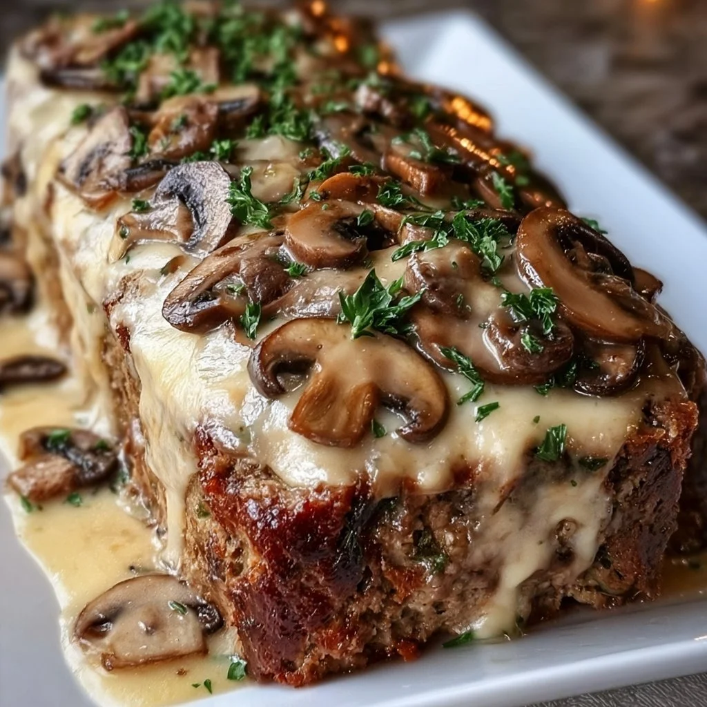 Mushroom Swiss Cheese Meatloaf served on a rustic wooden table