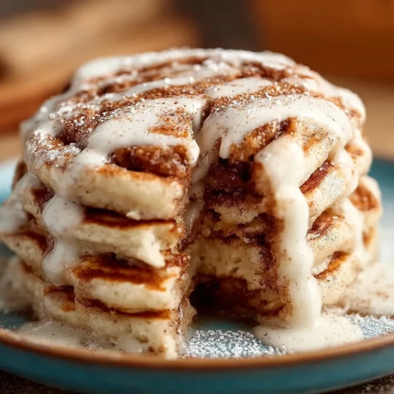 Delicious Nancy's cinnamon roll pancakes drizzled with icing and served on a plate.