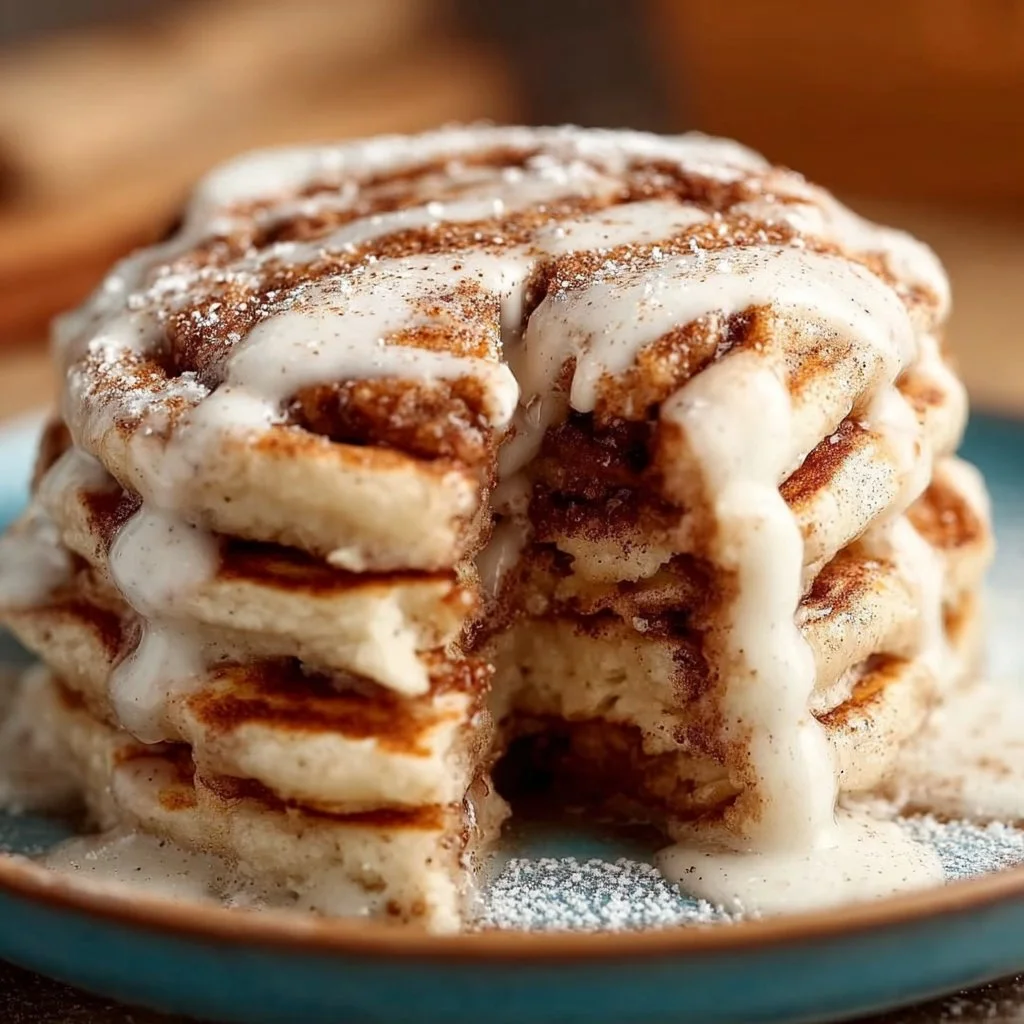 Delicious Nancy's cinnamon roll pancakes drizzled with icing and served on a plate.