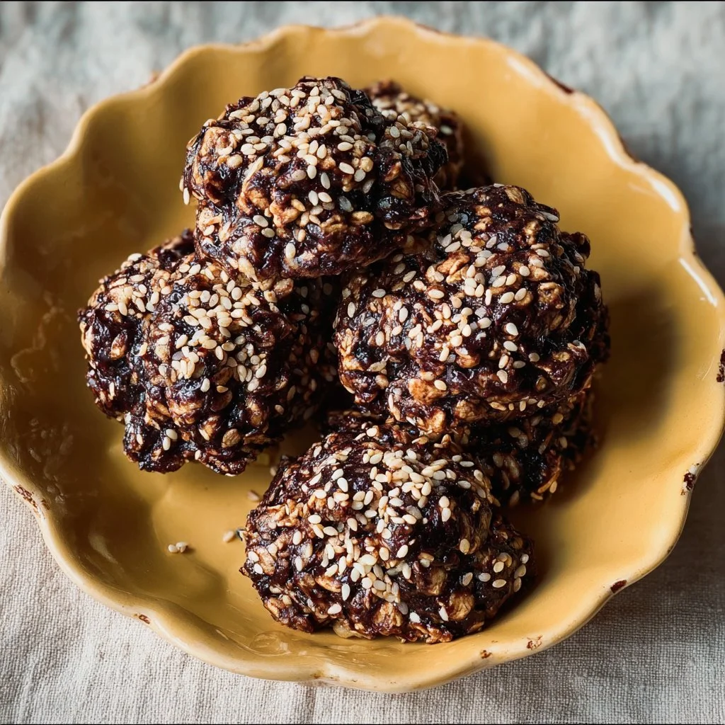 Delicious no-bake fudgy sesame oat cookies arranged on a plate.