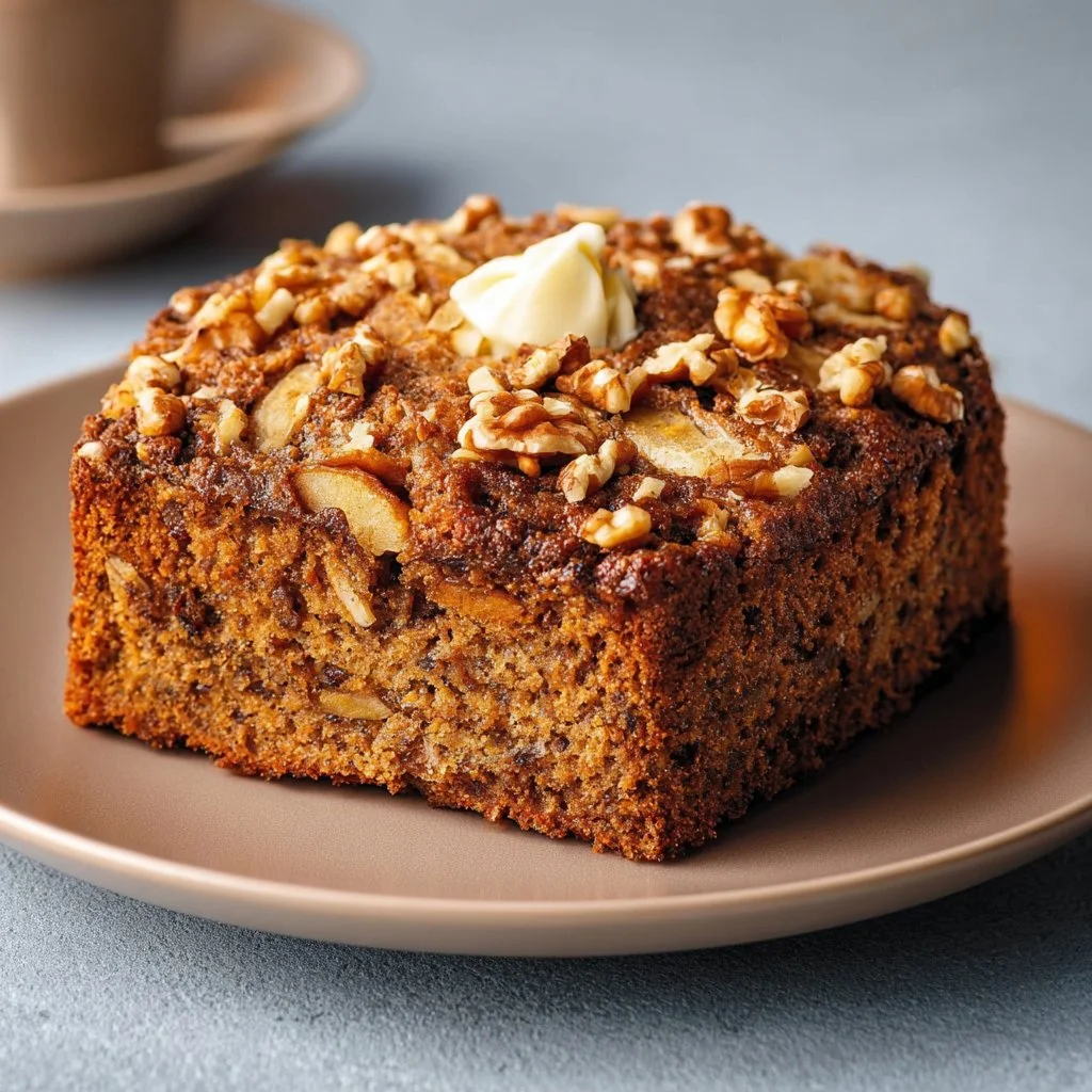 Nutty parsnip, apple, and walnut cake sliced on a plate