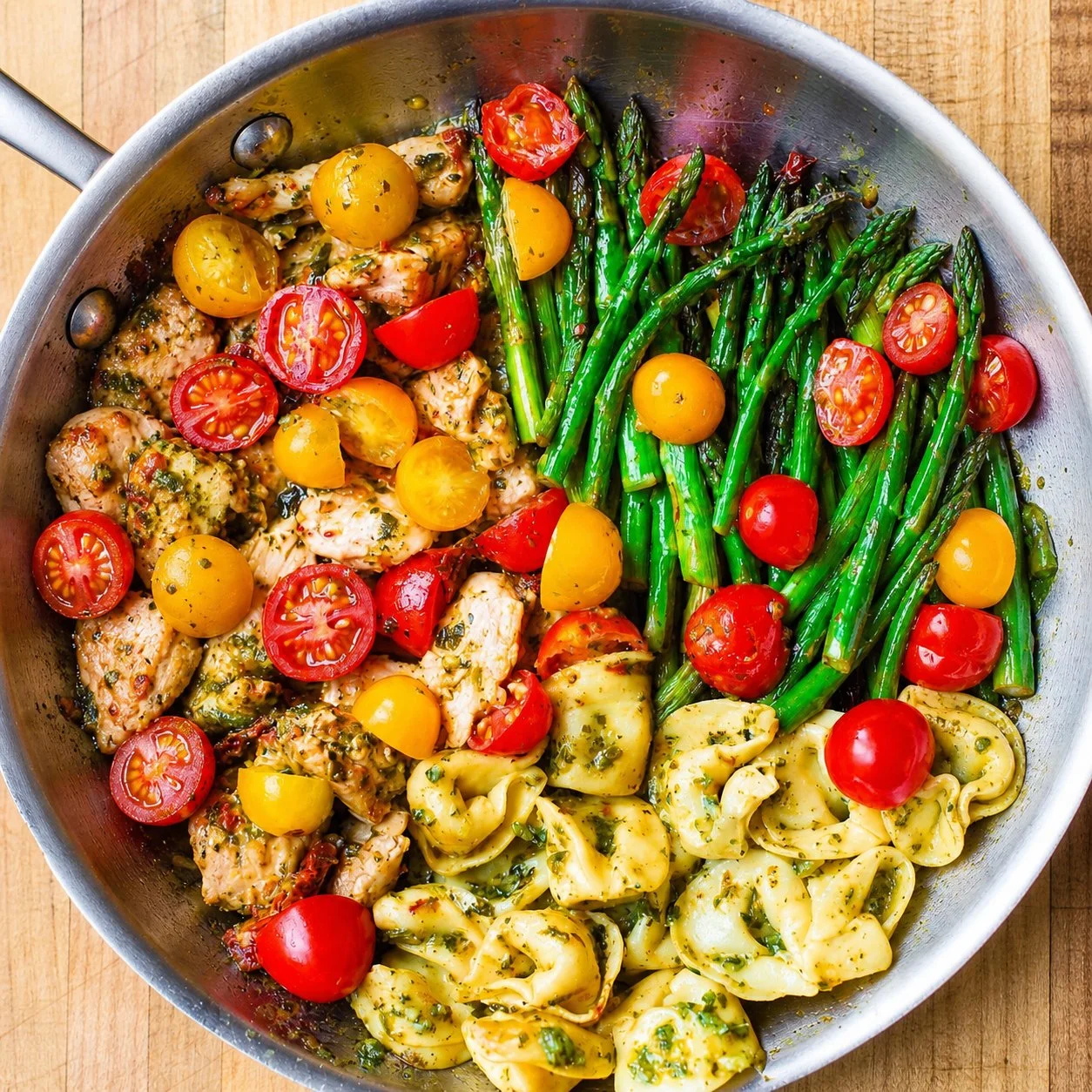 One-pan pesto chicken dish with tortellini and colorful veggies