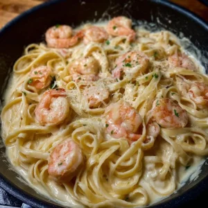 One Pan Shrimp Fettuccine Alfredo with shrimp, pasta, and creamy Alfredo sauce
