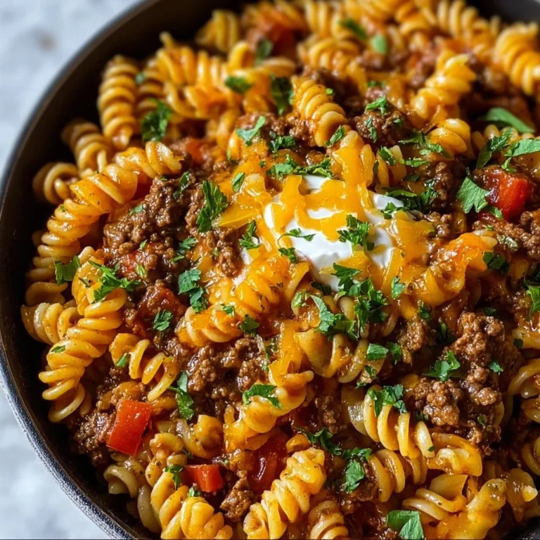 One Pot Beef Taco Pasta in a skillet topped with cheese and cilantro