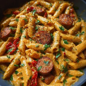 Bowl of One-Pot Creamy Spicy Cajun Sausage Pasta topped with fresh herbs.