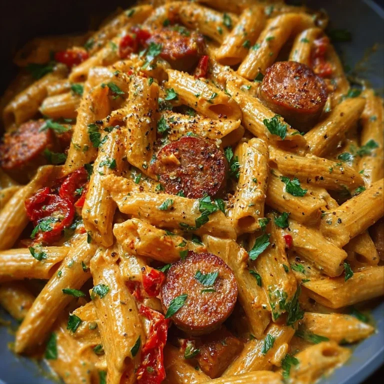 Bowl of One-Pot Creamy Spicy Cajun Sausage Pasta topped with fresh herbs.