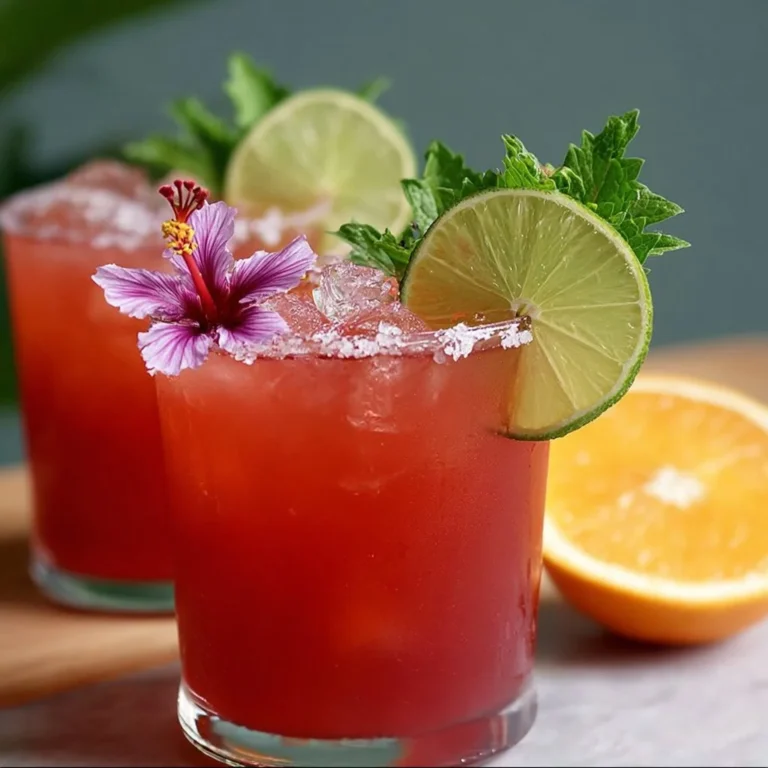 Orange Hibiscus Mai Tai cocktail garnished with hibiscus flowers