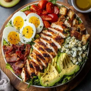 Paleo Grilled Chicken Cobb Salad with avocado, bacon, and fresh veggies