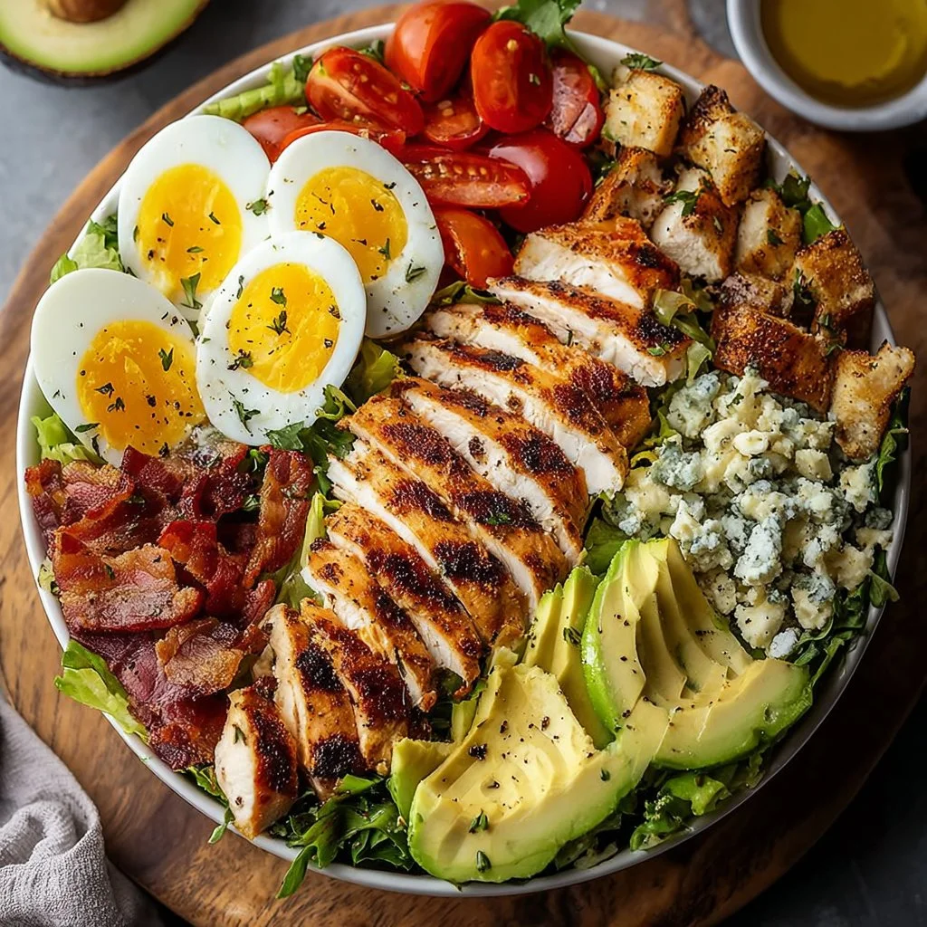Paleo Grilled Chicken Cobb Salad with avocado, bacon, and fresh veggies