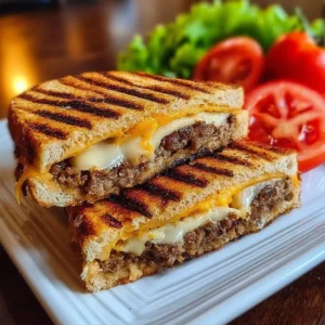Panini style cheeseburger Panini style cheeseburger with melted cheese and grilled toppings