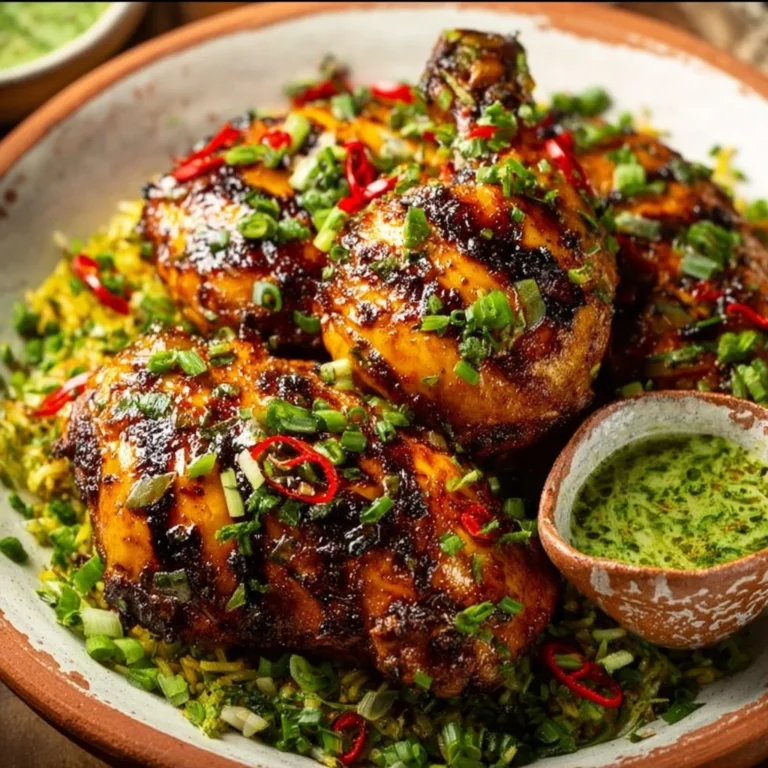 Delicious Peruvian Chicken served with traditional sides and vibrant spices.