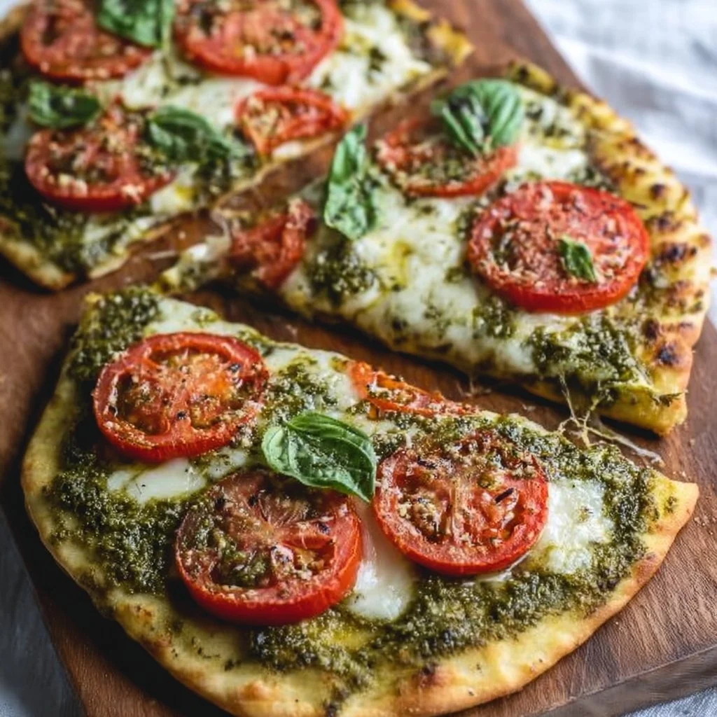 Delicious Pesto Flatbread Pizza topped with fresh basil and cheese