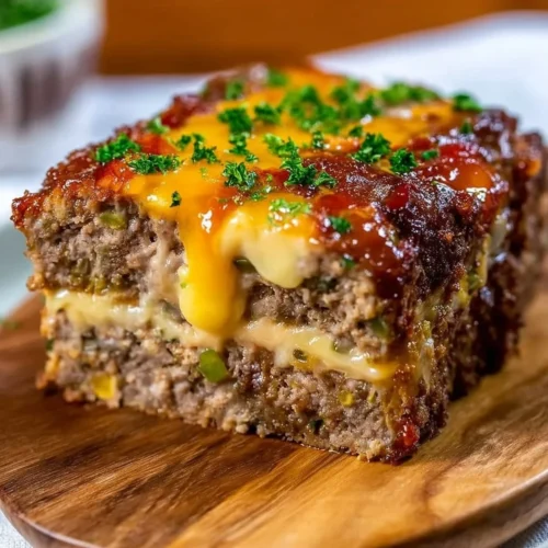 Philly Cheesesteak Meatloaf Delicious Philly Cheesesteak Meatloaf garnished with fresh herbs.