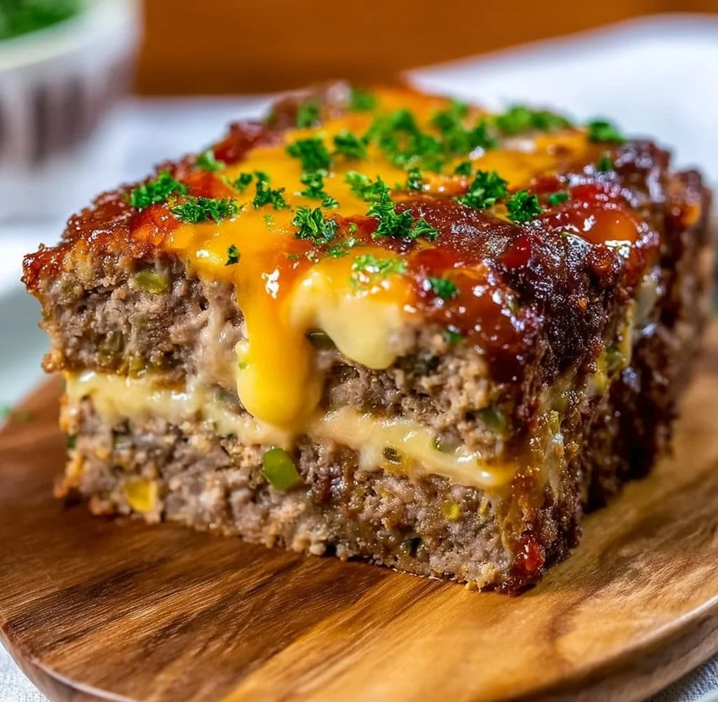 Delicious Philly Cheesesteak Meatloaf garnished with fresh herbs.