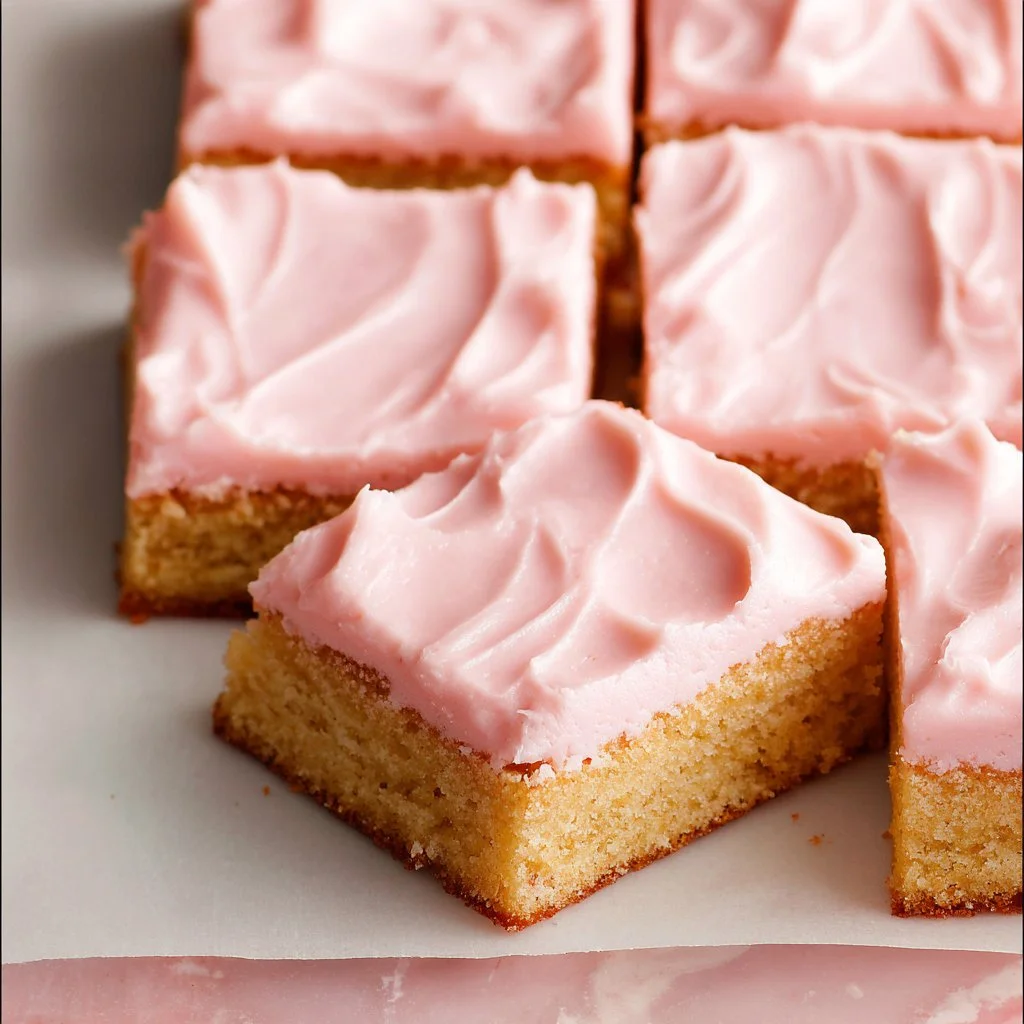 Delicious pink cookie bars with cream cheese almond frosting on a plate
