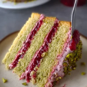 Pistachio layer cake with raspberry jam layered beautifully on a white table.