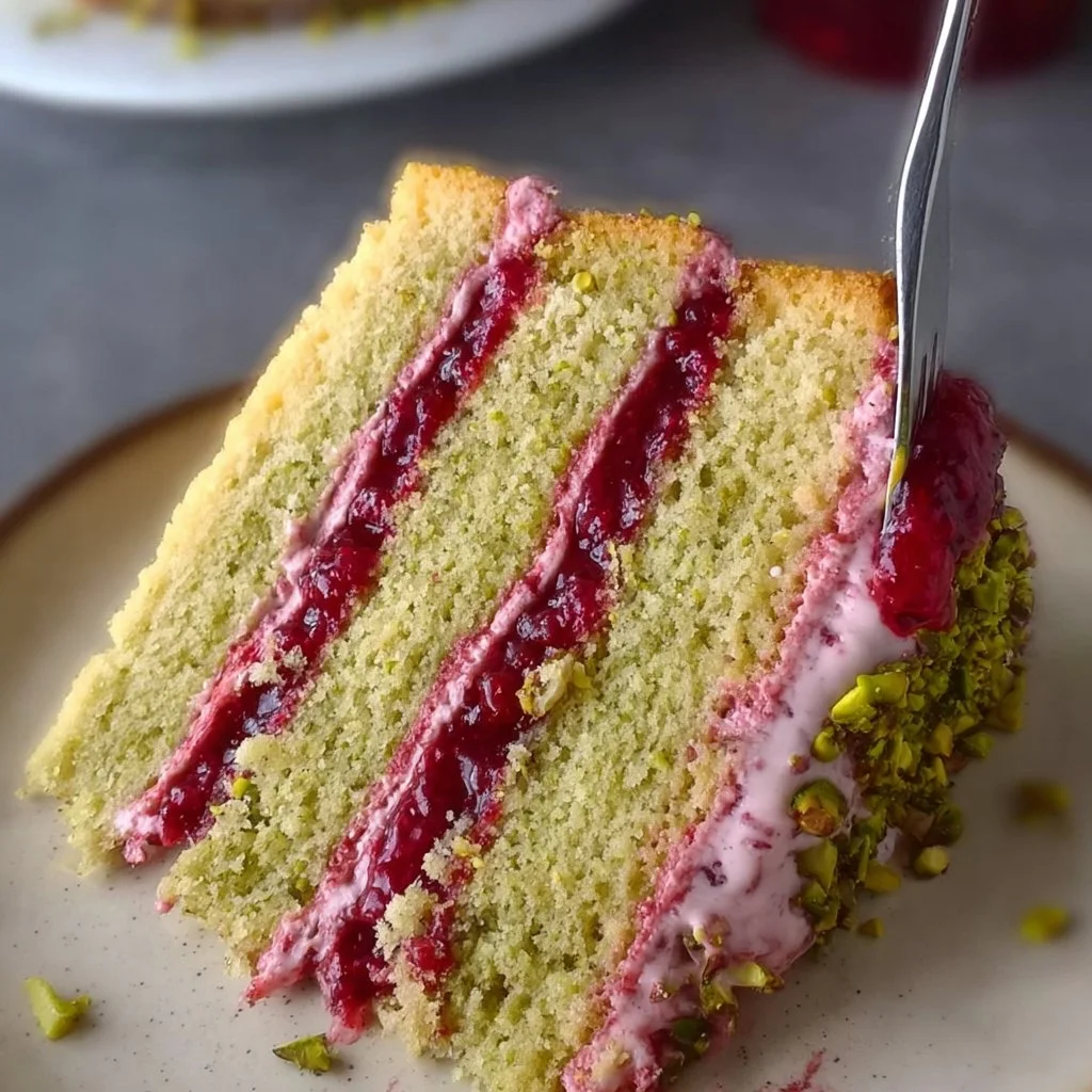 Home Pistachio layer cake with raspberry jam layered beautifully on a white table.