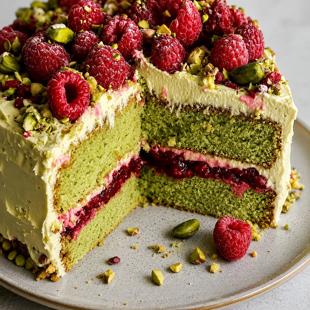 Delicious Pistachio Raspberry Cake topped with fresh raspberries and pistachios.
