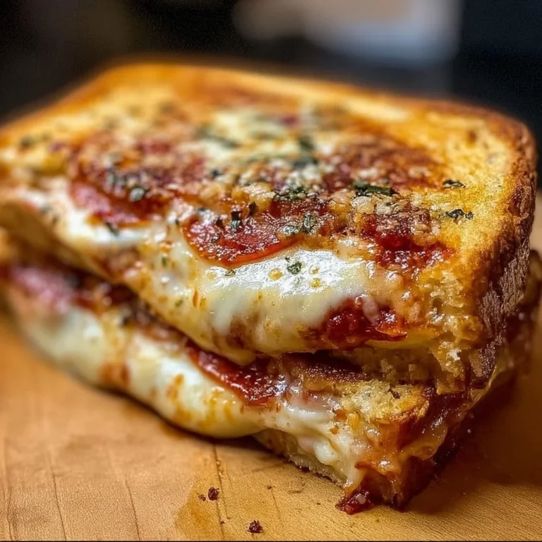Melted Pizza Grilled Cheese sandwich with gooey cheese and savory toppings