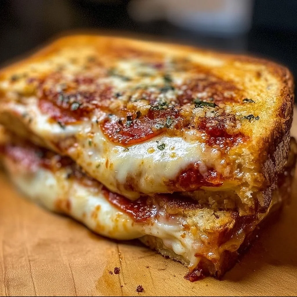 Melted Pizza Grilled Cheese sandwich with gooey cheese and savory toppings