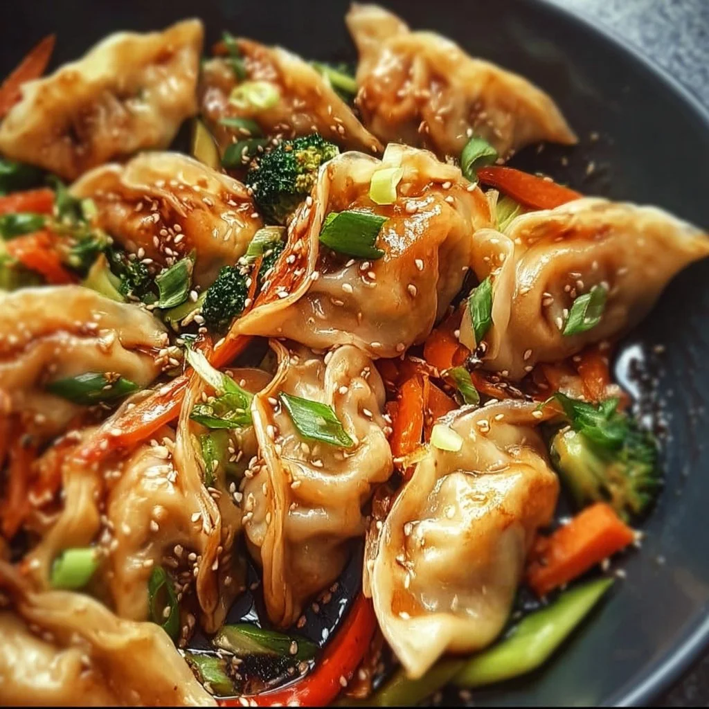 Delicious potsticker stir fry with colorful vegetables and crispy dumplings