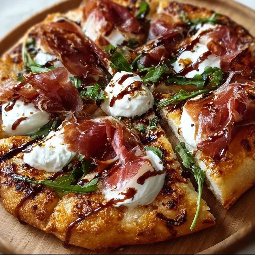 Prosciutto and honey burrata pizza topped with fresh ingredients