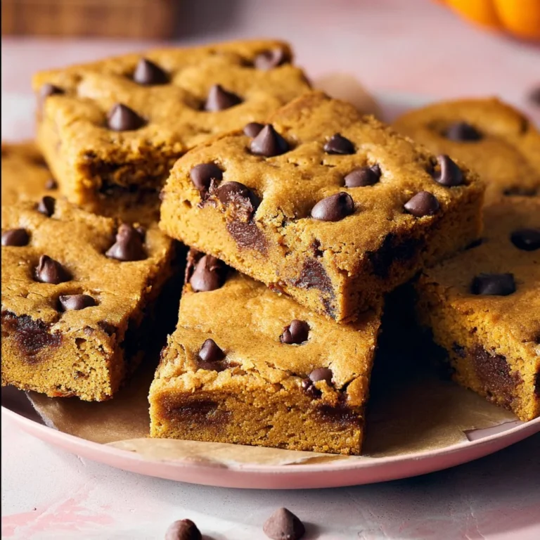 Delicious Pumpkin Chocolate Chip Bars topped with chocolate chips and spices