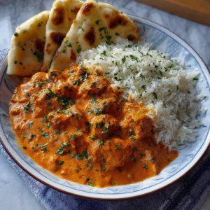 Delicious homemade butter chicken served with rice and naan bread