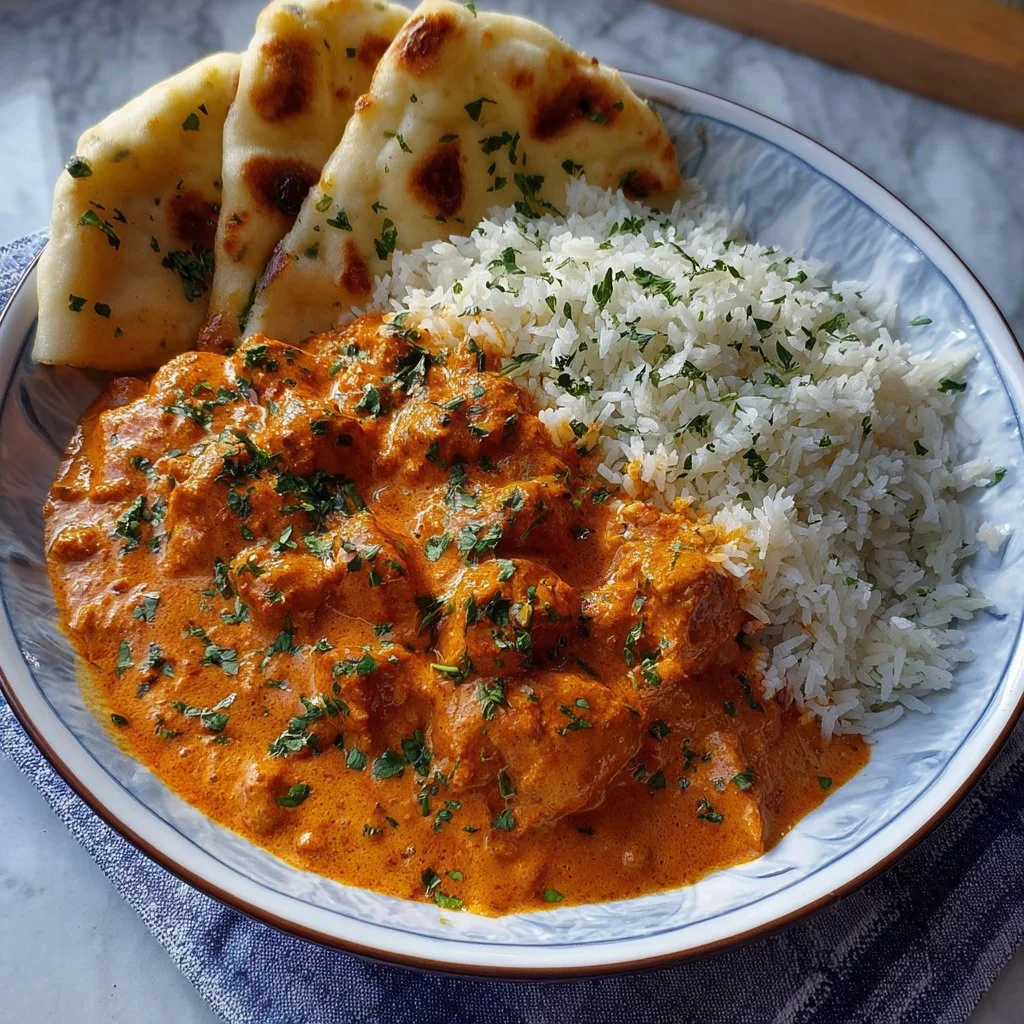 Delicious homemade butter chicken served with rice and naan bread