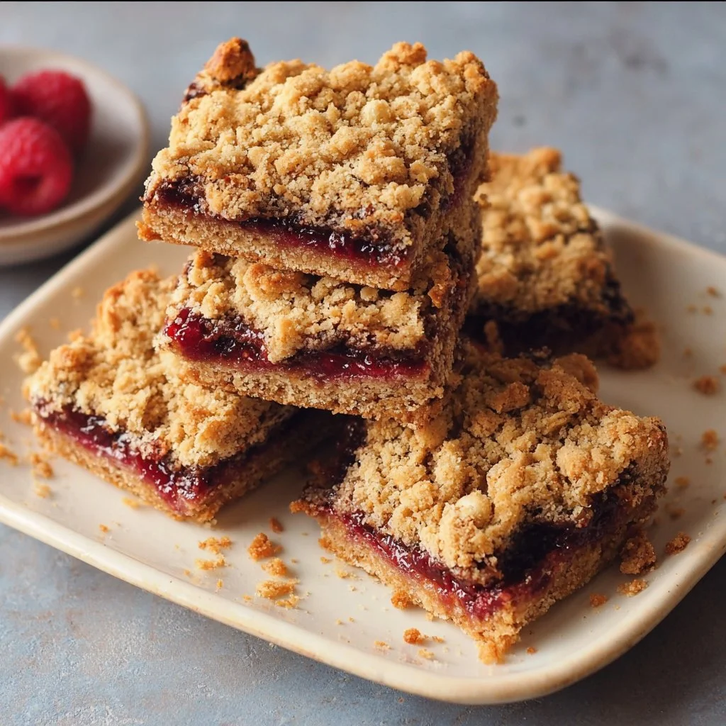 Raspberry Oat Crumble Bars with vibrant raspberry filling and oat topping