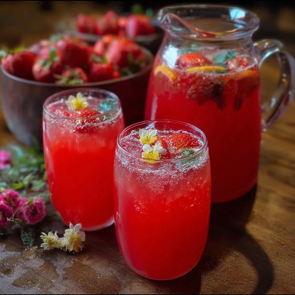 A glass of Refreshing Love Potion Punch with fruits and sparkling beverage