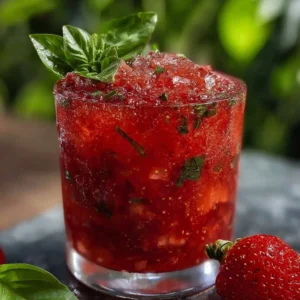 Refreshing strawberry basil smash cocktail in a glass with fresh strawberries and basil leaves.