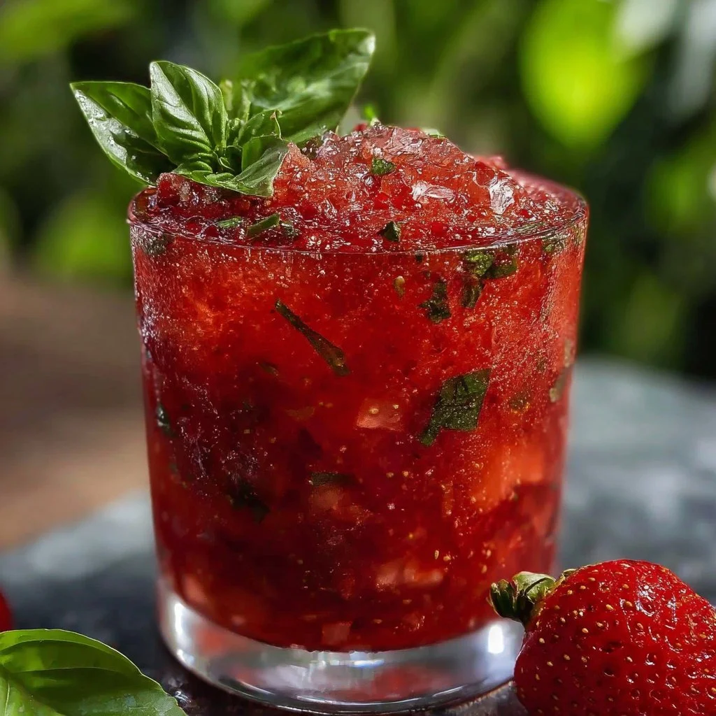 Refreshing strawberry basil smash cocktail in a glass with fresh strawberries and basil leaves.