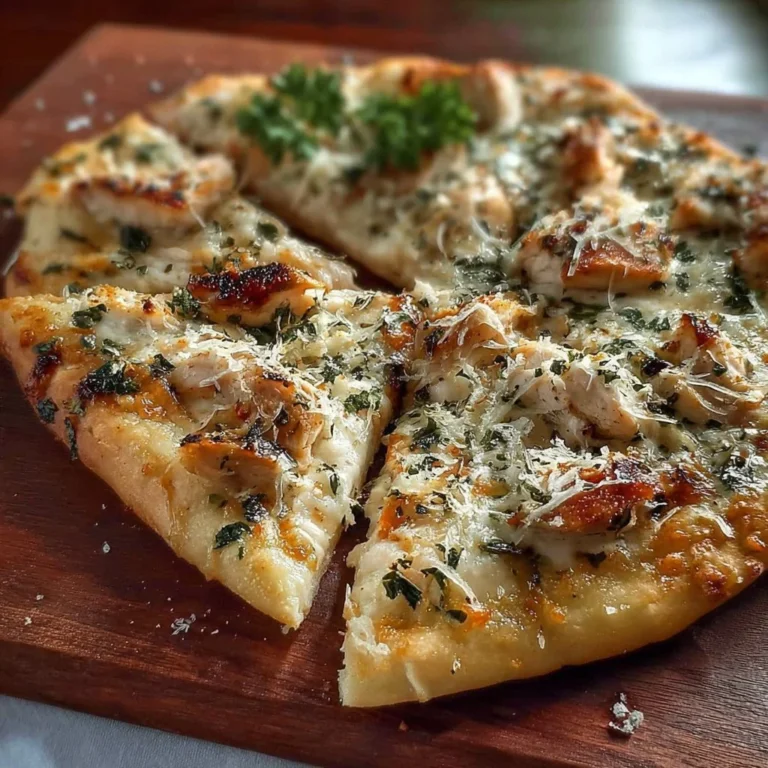 Delicious roasted garlic white chicken pizza topped with fresh ingredients.