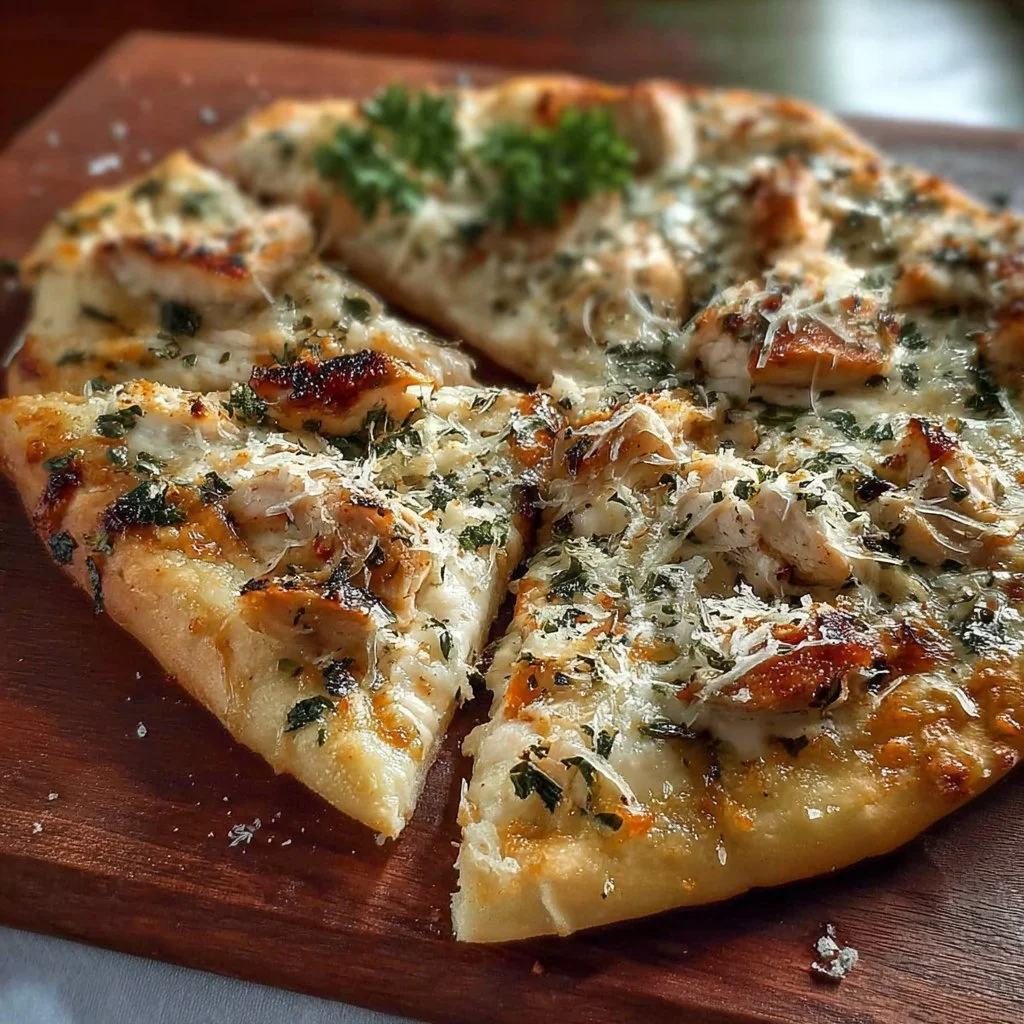 Delicious roasted garlic white chicken pizza topped with fresh ingredients.