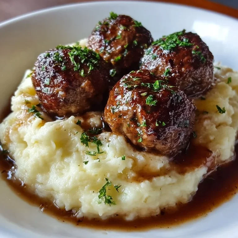 Salisbury Steak Meatballs with Garlic Herb Mashed Potatoes on a plate