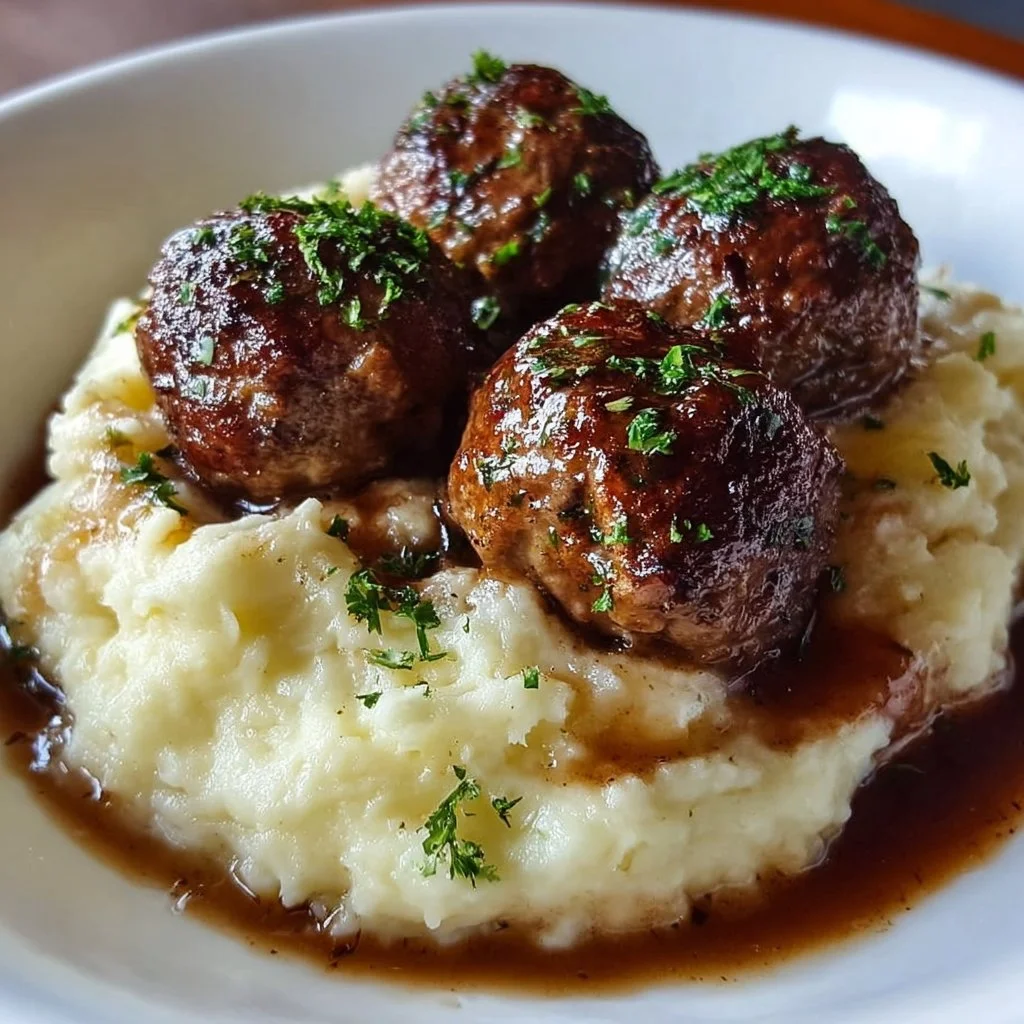 Salisbury Steak Meatballs with Garlic Herb Mashed Potatoes on a plate