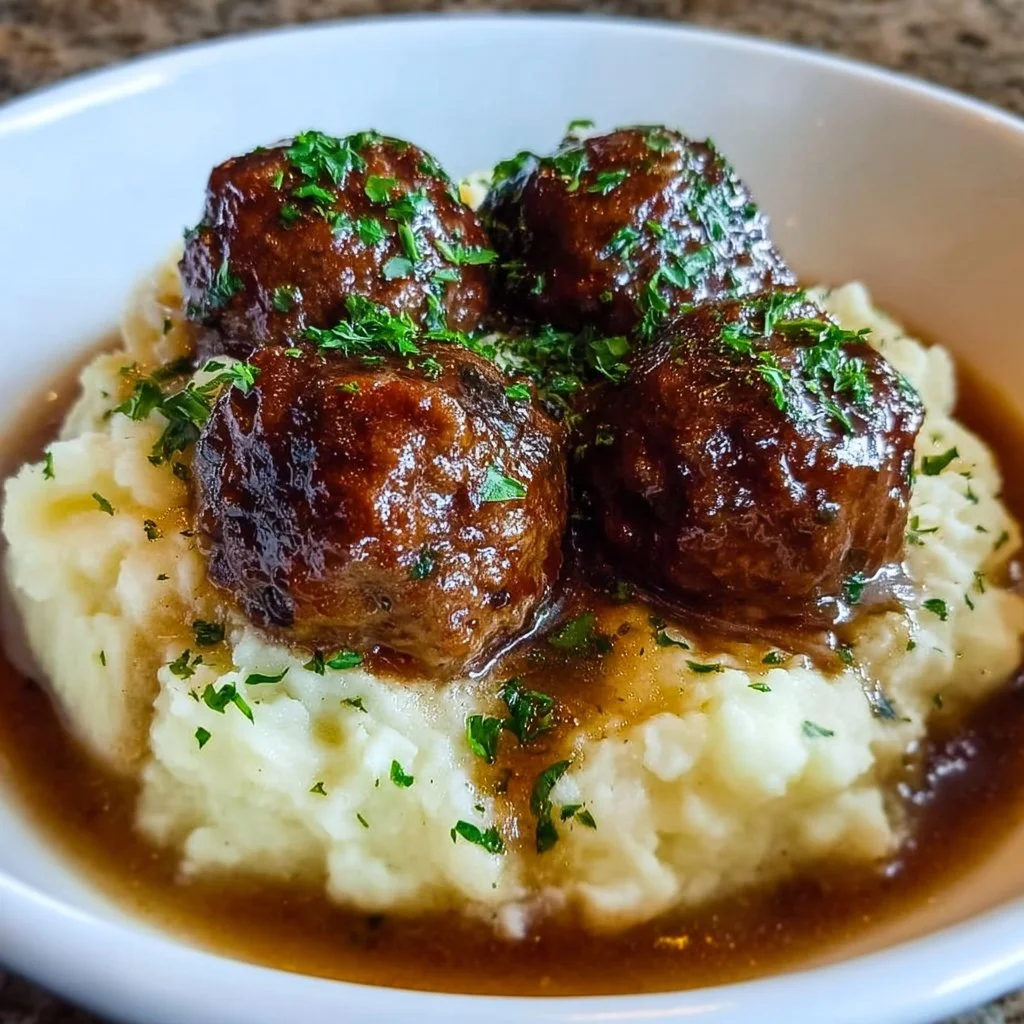 Salisbury Steak Meatballs with Garlic Herb Mashed Potatoes