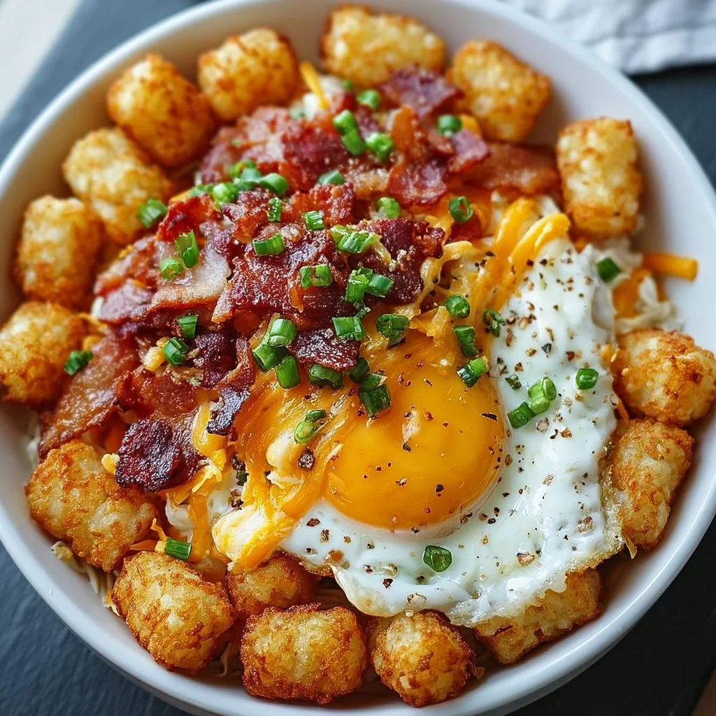 Home Delicious tater tot breakfast bowl topped with eggs and veggies