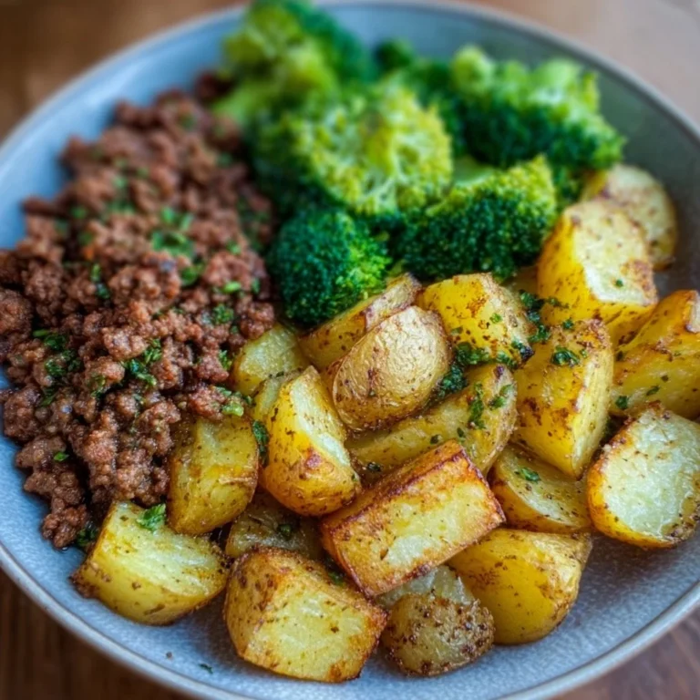 Savory ground beef served with herb-roasted potatoes and steamed broccoli