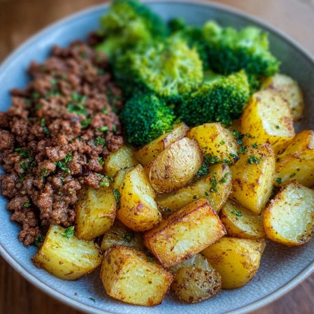 Savory ground beef served with herb-roasted potatoes and steamed broccoli