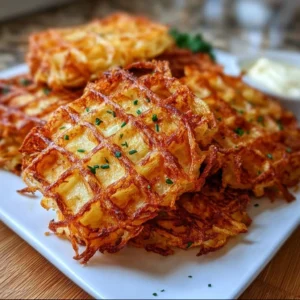 Savory hashbrown chaffles served on a plate with toppings