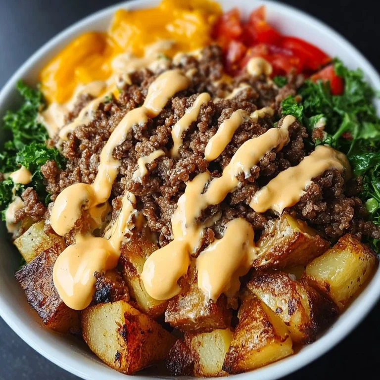 Savory smash burger bowl topped with fresh ingredients and flavors.