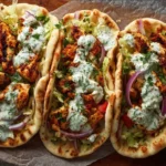 Sheet pan chicken pitas with herby ranch sauce served on a plate