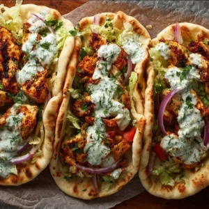 Sheet pan chicken pitas with herby ranch sauce served on a plate