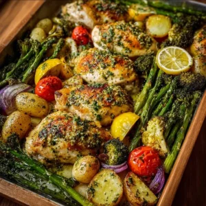 Sheet Pan Garlic Butter Chicken with colorful roasted veggies