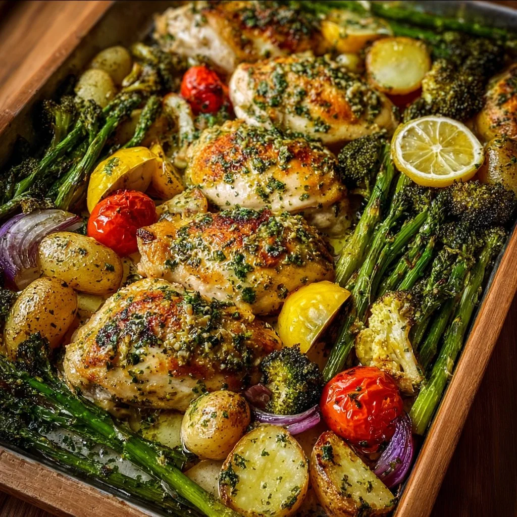 Sheet Pan Garlic Butter Chicken with colorful roasted veggies